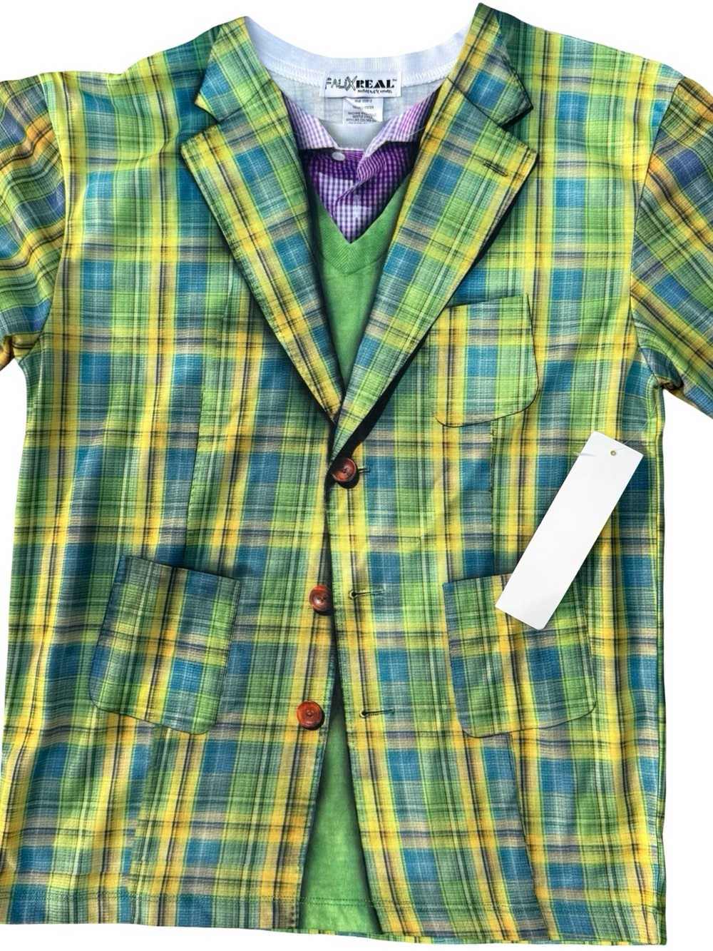 NEW Faux Real - FUNNY Plaid Suit Youth Costume Long Sleeve T-Shirt - Size Large - Picture 2 of 9